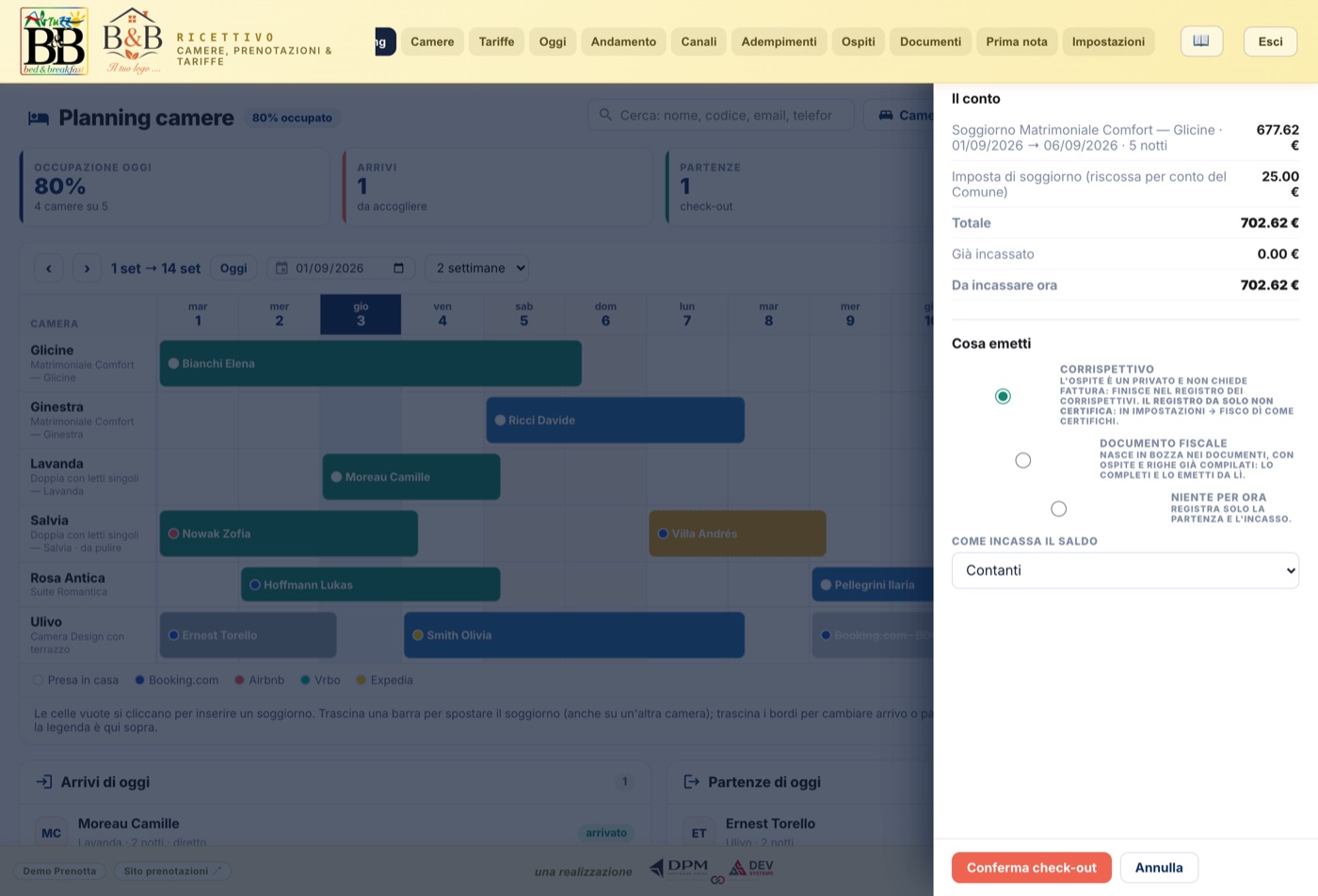 Il pannello del check-out con il conto e la scelta del documento