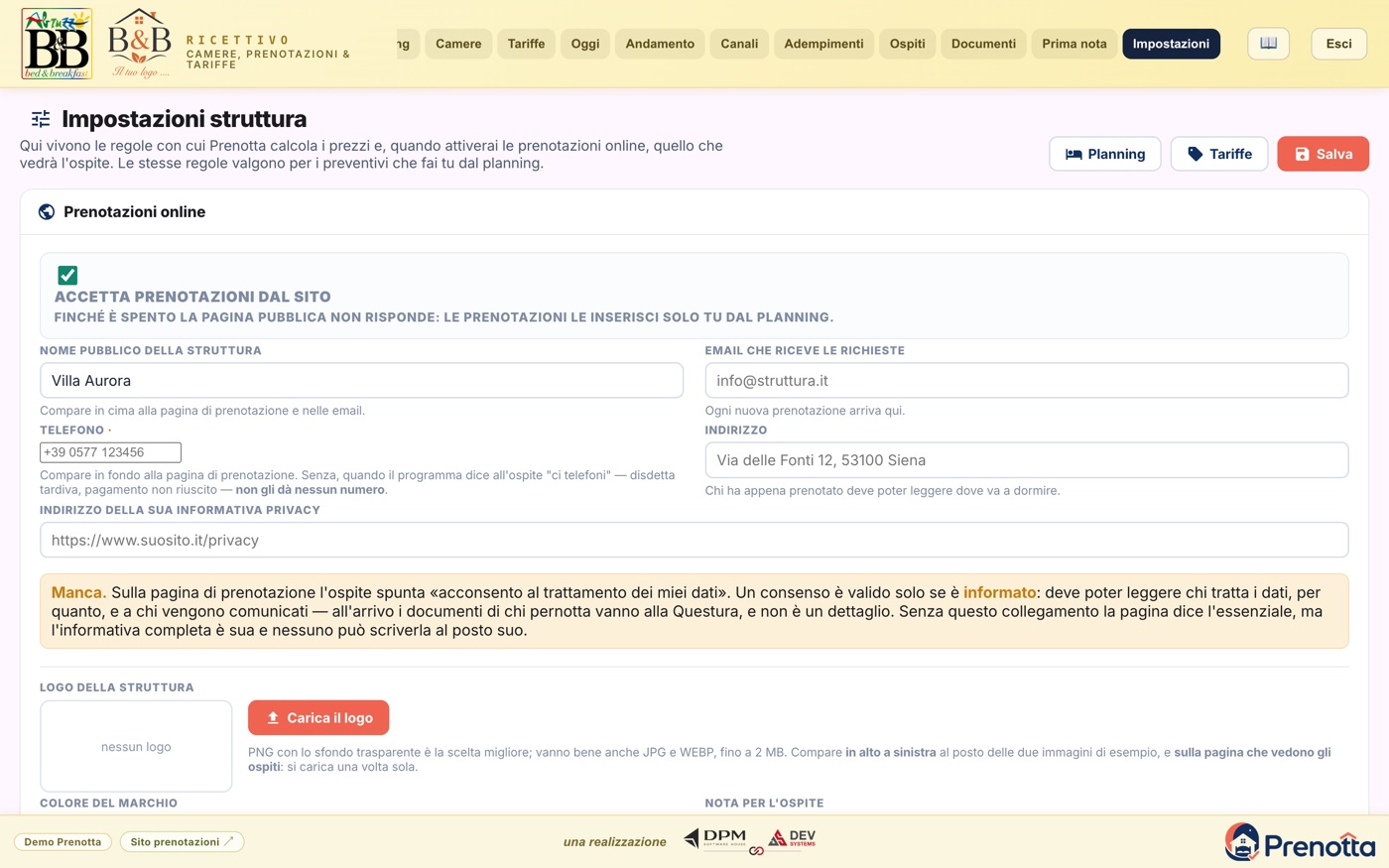 La pagina Impostazioni di Prenotta