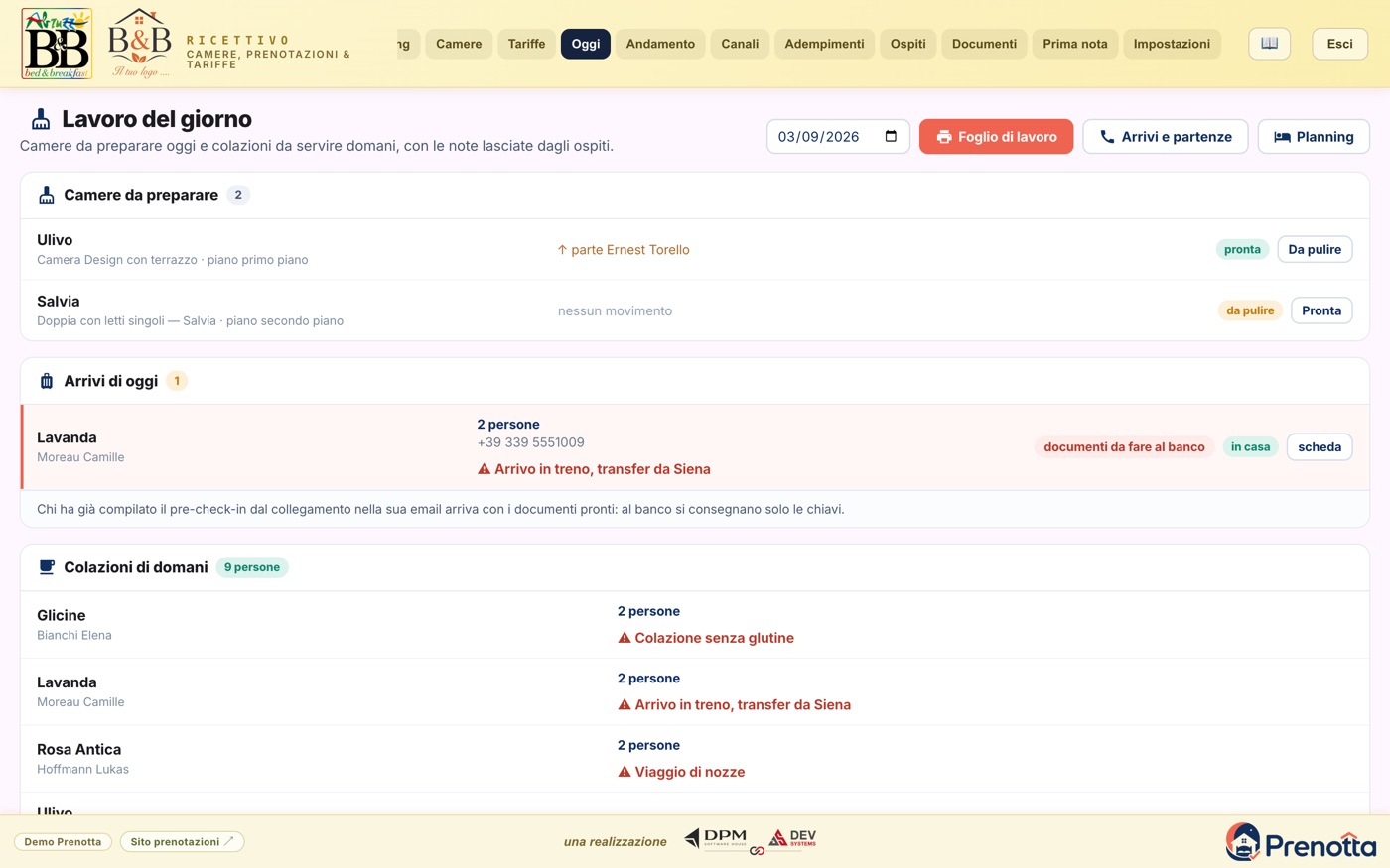 La pagina Oggi con camere da preparare, arrivi e colazioni