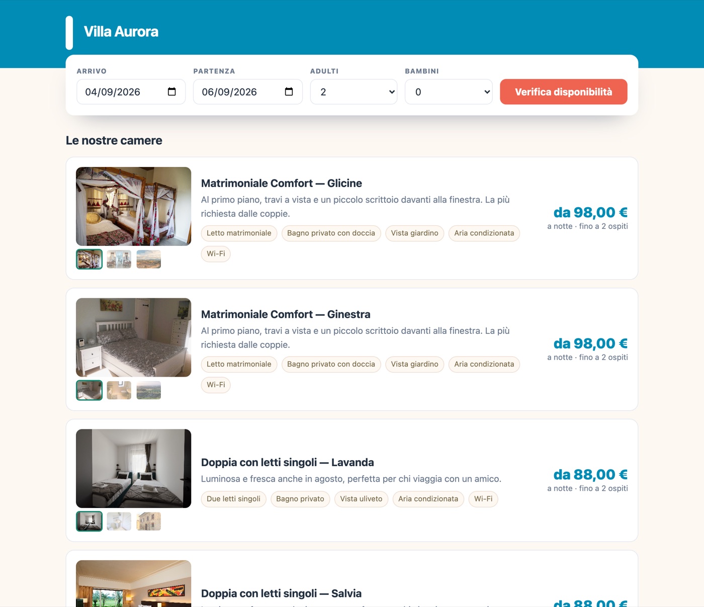 La pagina di prenotazione con la barra di ricerca e le camere